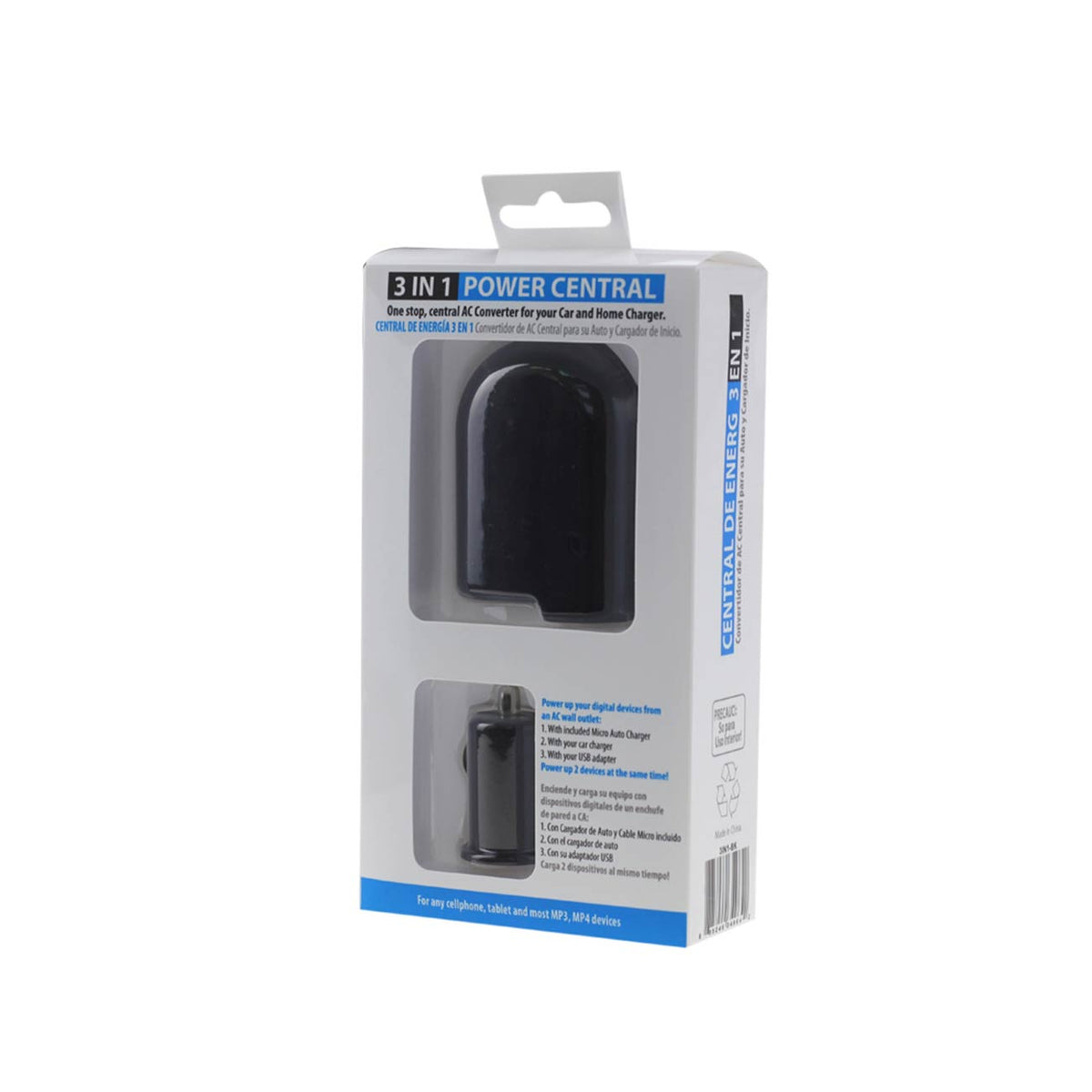 REIKO 1 AMP 3-IN-1 AC TO DC WALL ADAPTER TO CAR CHARGER IN BLACK (3IN1-BK)