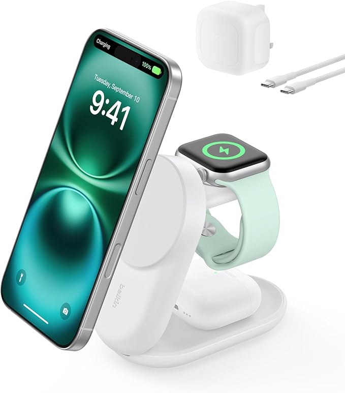 BELKIN - WIRELESS CHARGER - 25W - ULTRACHARGE - 3 IN 1 - QI2 - MAGNETIC FOLDABLE- UK - ROUND FORM -  WHITE