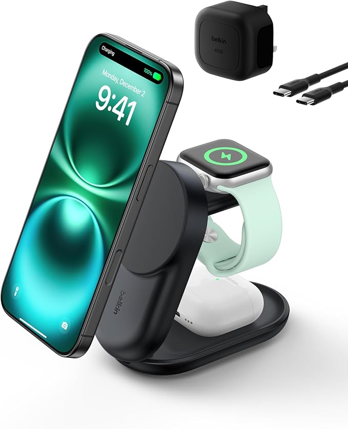 BELKIN - WIRELESS CHARGER - 25W - ULTRACHARGE - 3 IN 1 - QI2 - MAGNETIC FOLDABLE - UK - ROUND FORM -  BLACK