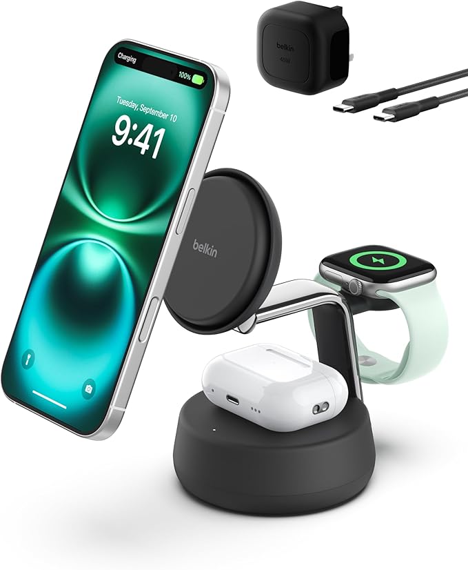 BELKIN - WIRELESS CHARGING DOCK - 25W - ULTRACHARGE PRO - 3-IN-1 - Qi2 - CHARCOAL