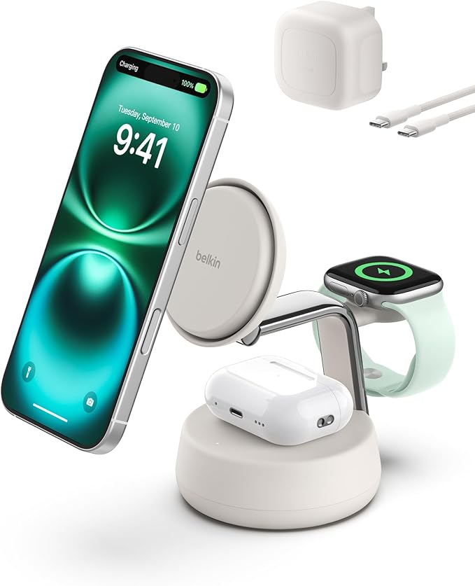 BELKIN - WIRELESS CHARGING DOCK - 25W - ULTRACHARGE PRO - 3-IN-1 - Qi2 - SAND