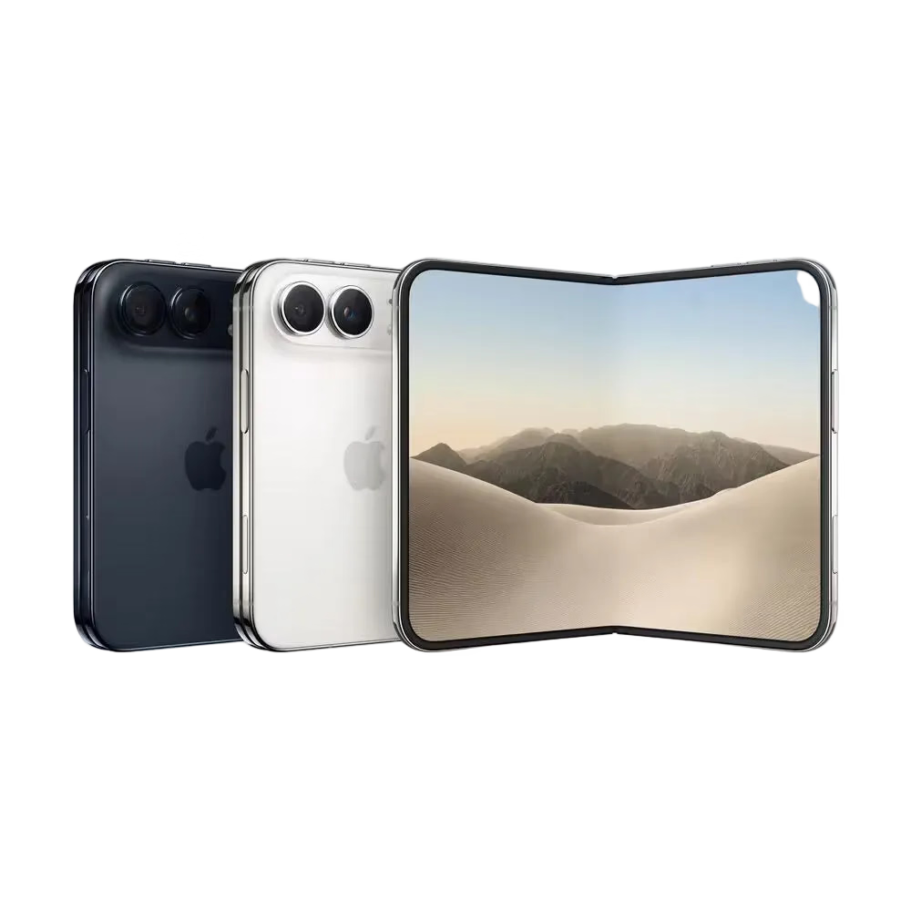 Three Apple foldable smartphones shown side by side on a clean white background: one closed in dark navy, one closed in silver, and one open displaying a desert landscape wallpaper.