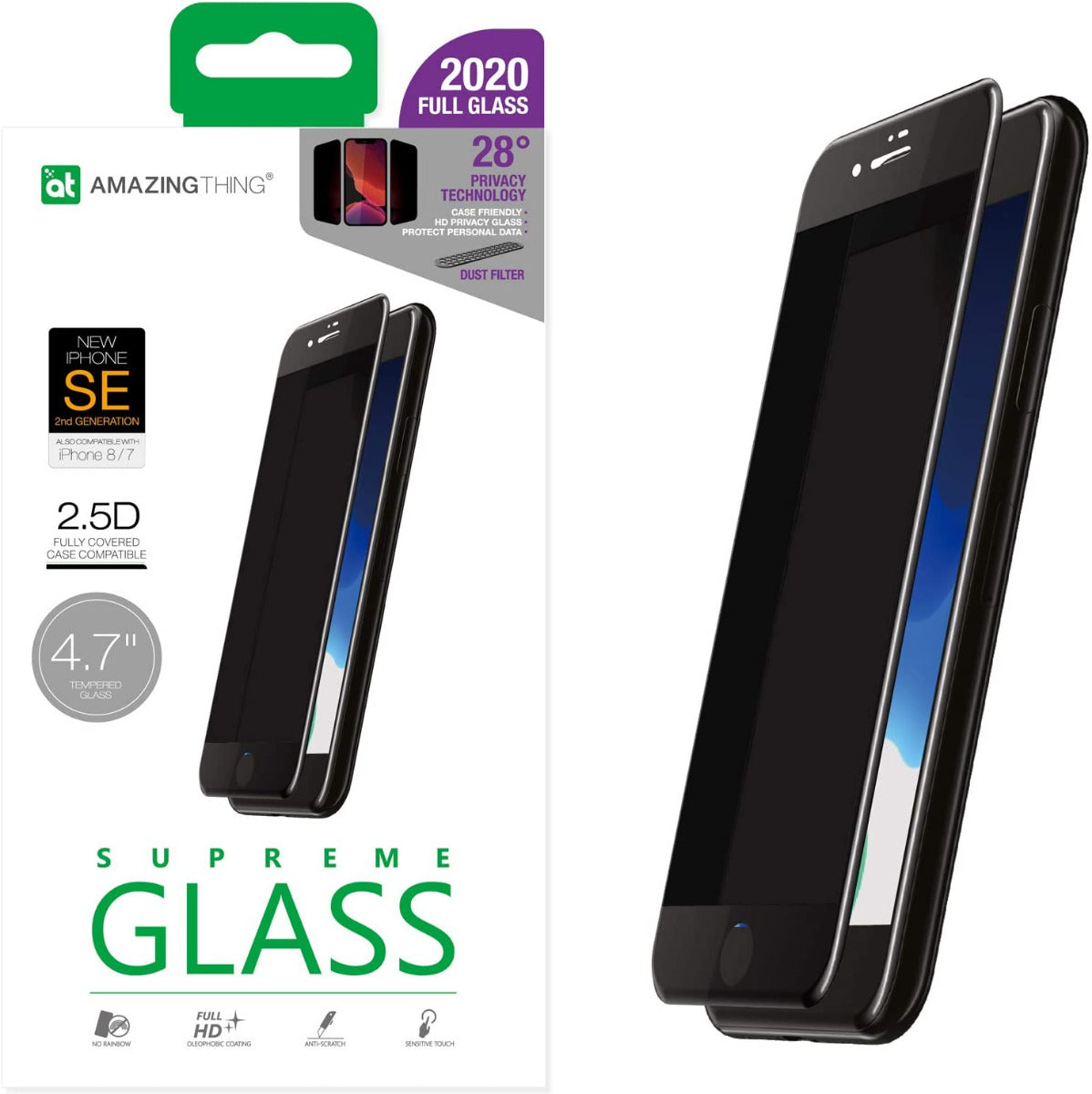 AT IPHONE 9 2.75D PRIVACY EX-BUL DUST F GLASS W/INST BK