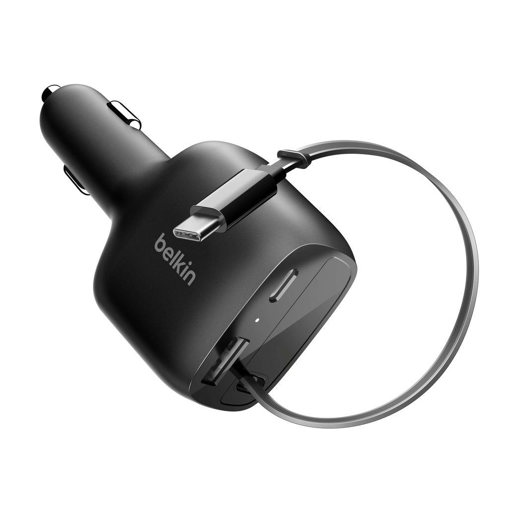 BELKIN - CAR CHARGER - 75W - 2 PORTS -1XUSBC 1XUSBA - WITH RETRACTABLE USB-C CABLE - BLACK