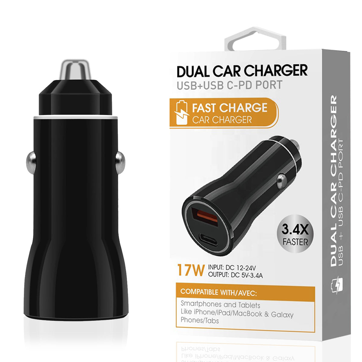 USB & USB-C PD port Dual Car charger In Black  SKU:CC12-3A5VBK
