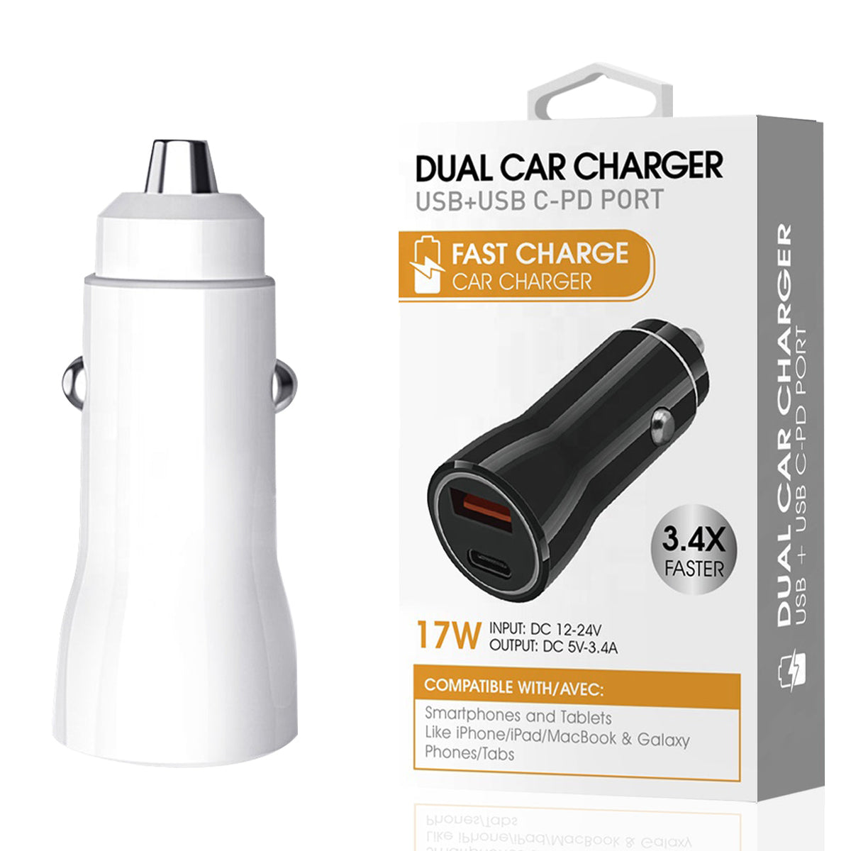 USB & USB-C PD port Dual Car charger In White  SKU:CC12-3A5VWH