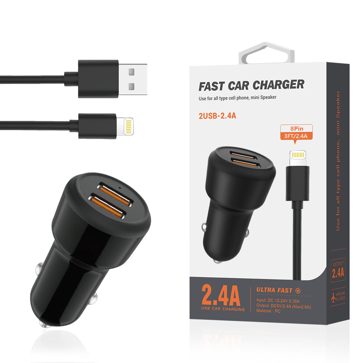 Reiko 8 PIN Portable Car Charger With Built In 3 Ft Cable In Black  SKU:CC2IN1-8PBK