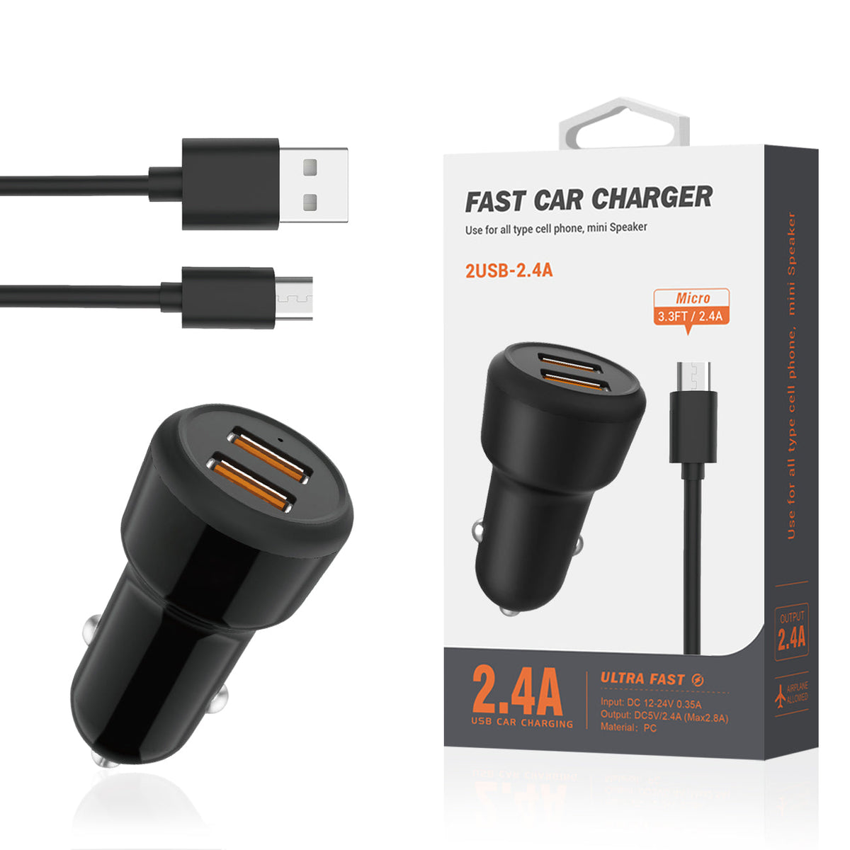 Reiko Micro Portable Car Charger With Built In 3 Ft Cable In Black  SKU:CC2IN1-MICROBK