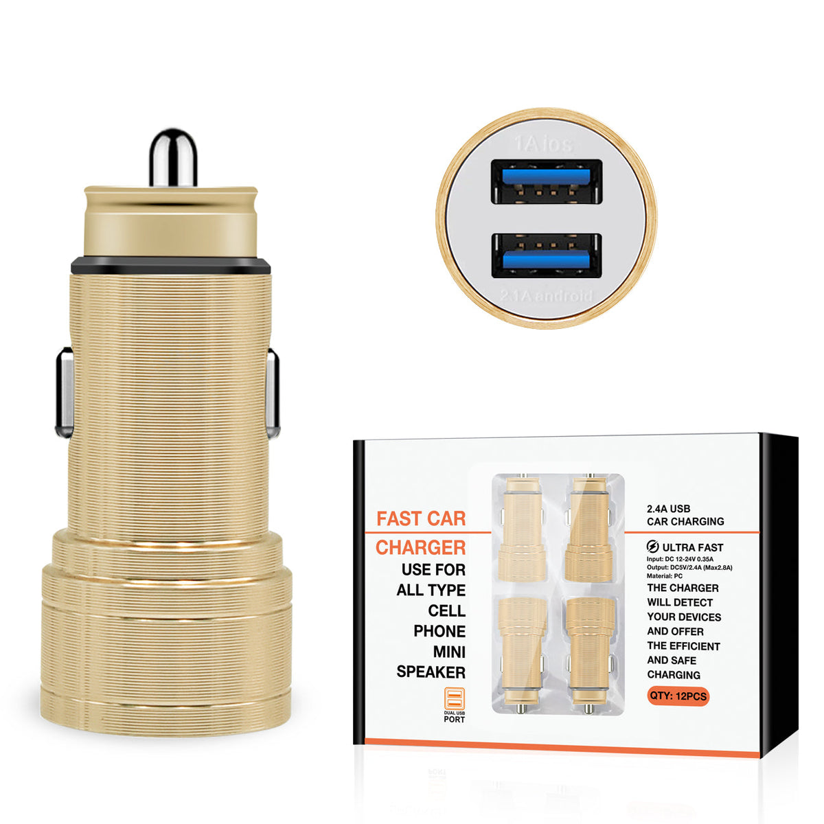 Dual Port USB Car Charger/ Adapter In Gold (12pcs)