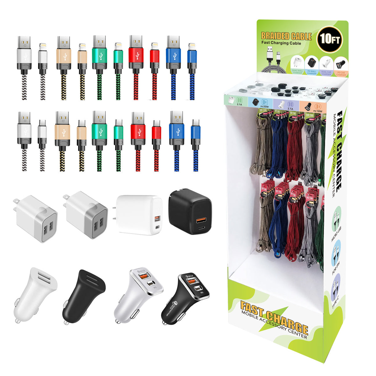 PLASTIC DISPLAY Showcase SET(car& travel charger/PD adapter/10ft data cable) Total 108pcs