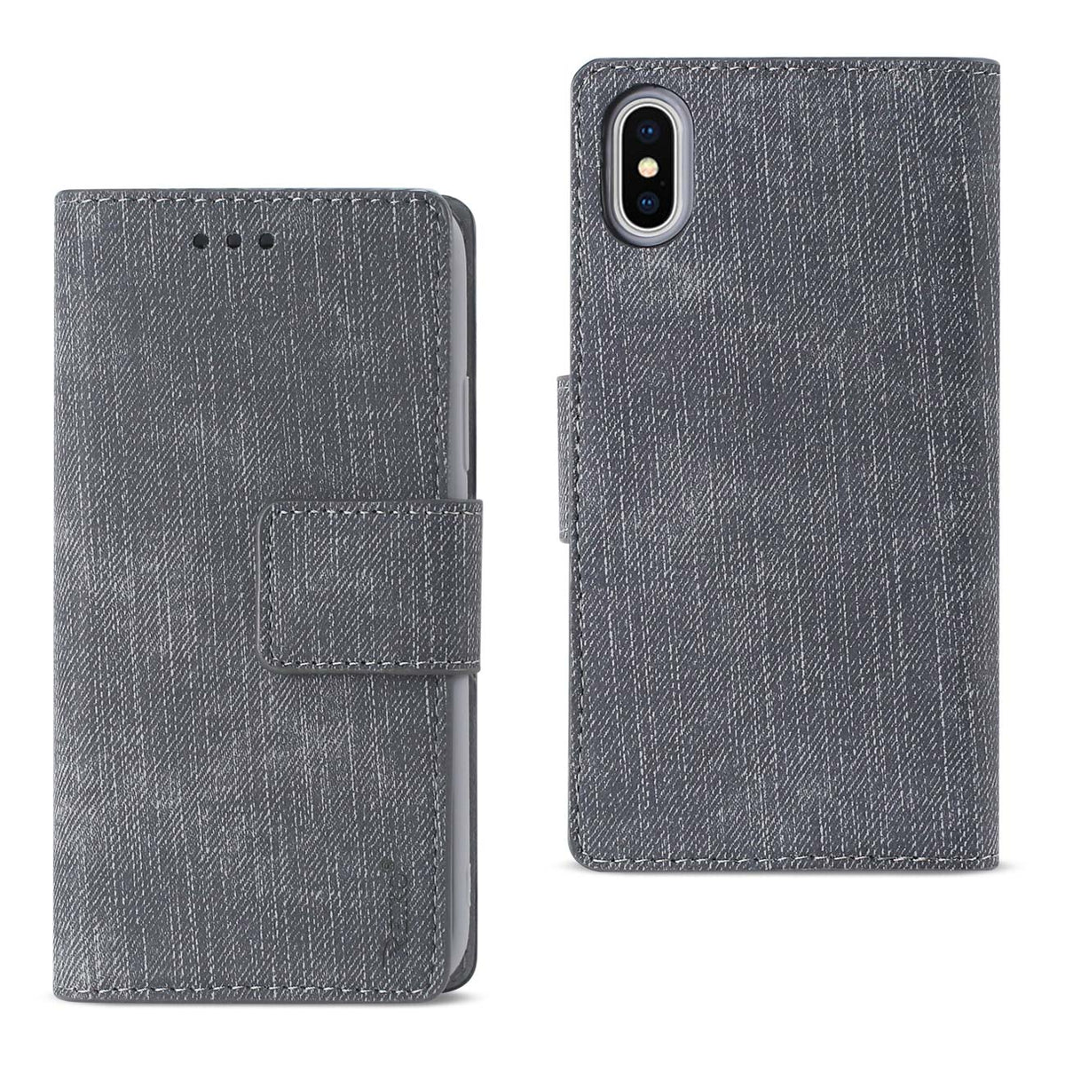 REIKO iPhone X/iPhone XS DENIM WALLET CASE WITH GUMMY INNER SHELL AND KICKSTAND FUNCTION IN GRAY