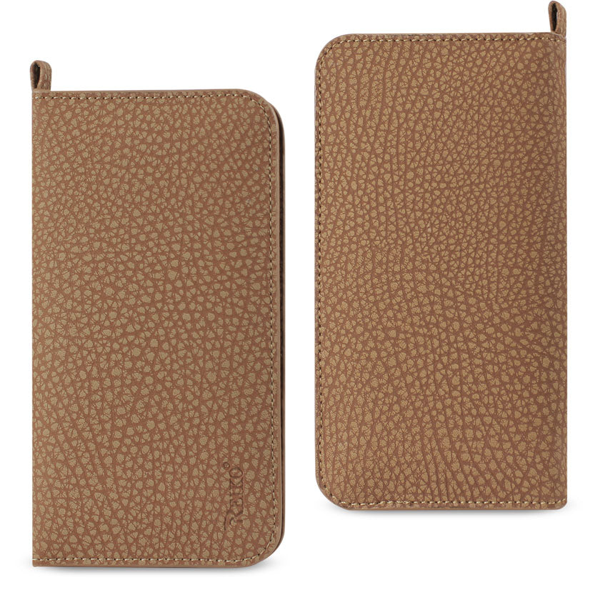 REIKO UNIVERSAL WALLET PHONE CASE IPHONE 6 PLUS/ 6S PLUS/ 7 PLUS/ SAMSUNG GALAXY S8 EDGE WITH SIDE POCKETS AND MAGNETIC FLAP IN BROWN (6.37X3.21X0.43 INCHES SLIM) | SKU: FC33-643204BR