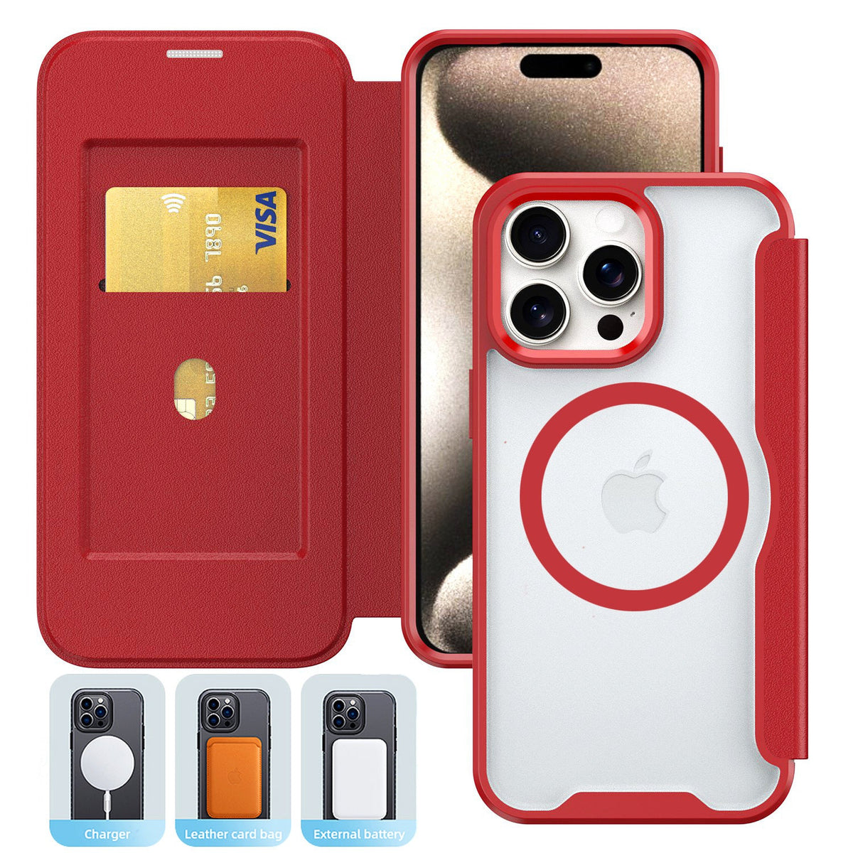 PU Leather Magnetic Flap Phone Case with Magsafe In Red For iPhone 16 Plus (FC37-IPH16PLUSRD)