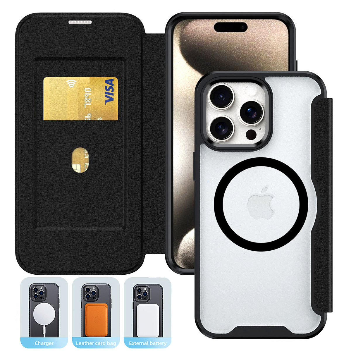 PU Leather Magnetic Flap Phone Case with Magsafe In Black For iPhone 16 Pro (FC37-IPH16PROBK)