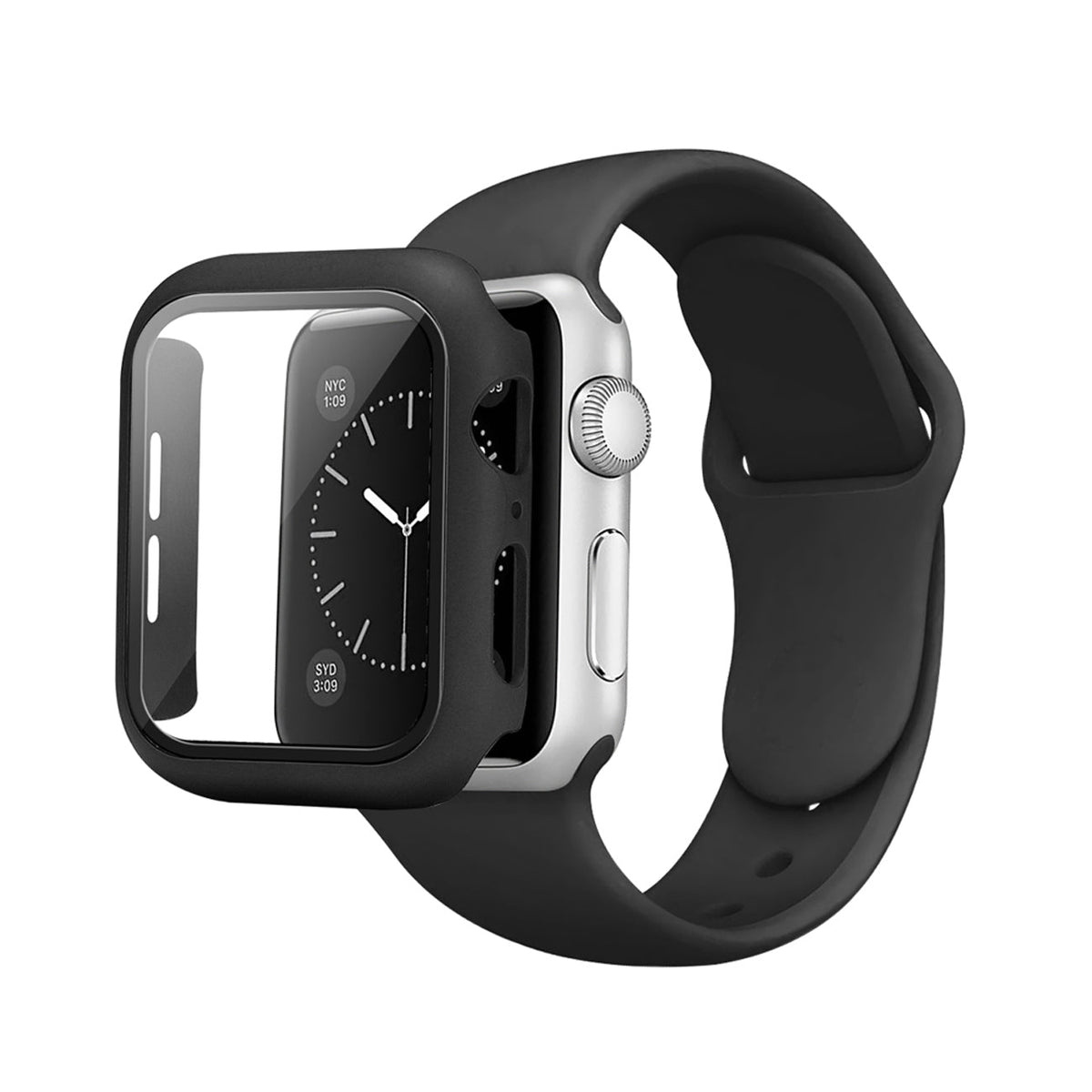 Black Color PC Watch Case With Glass Screen Protector and Silicone Watch Band for Apple Watch 40mm