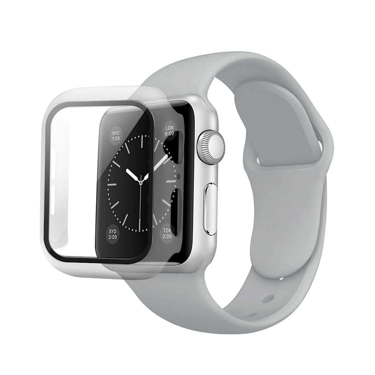 Gray Color PC Watch Case With Glass Screen Protector and Silicone Watch Band for Apple Watch 42mm