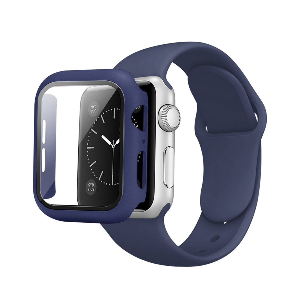 Navy  Color PC Watch Case With Glass Screen Protector and Silicone Watch Band for Apple Watch 44mm