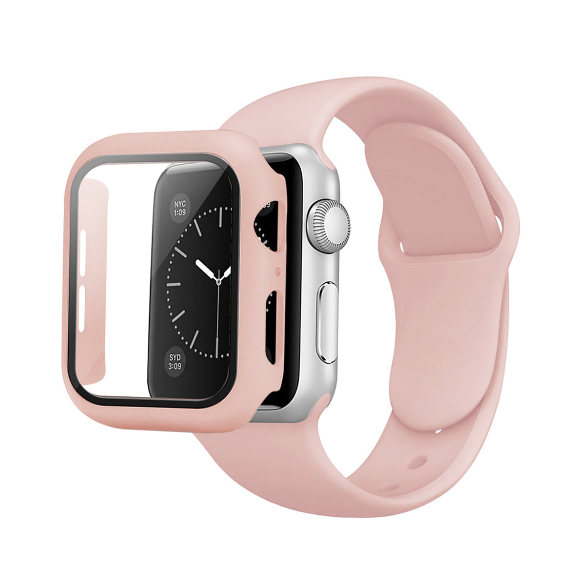 Pink Color PC Watch Case With Glass Screen Protector and Silicone Watch Band for Apple Watch 44mm