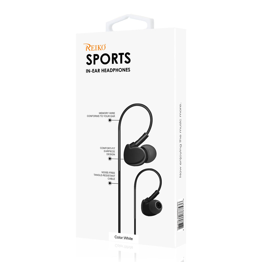 HS1440-35MMMICWH UNIVERSAL SPORT STEREO EARPHONES W. TANGLE FREE NOODLE CABLE AND MIC IN WHITE