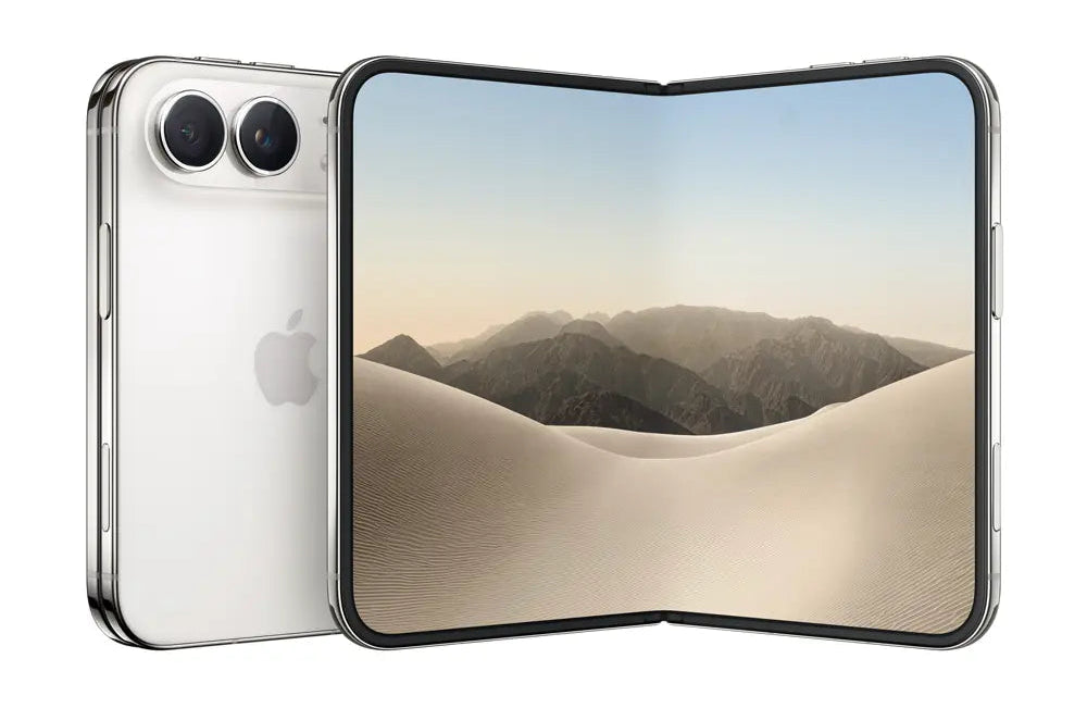 An Apple iPhone with a silver back and a clear protective case, shown alongside an open foldable smartphone displaying a desert landscape wallpaper. The Apple logo is visible on the back of the phone.