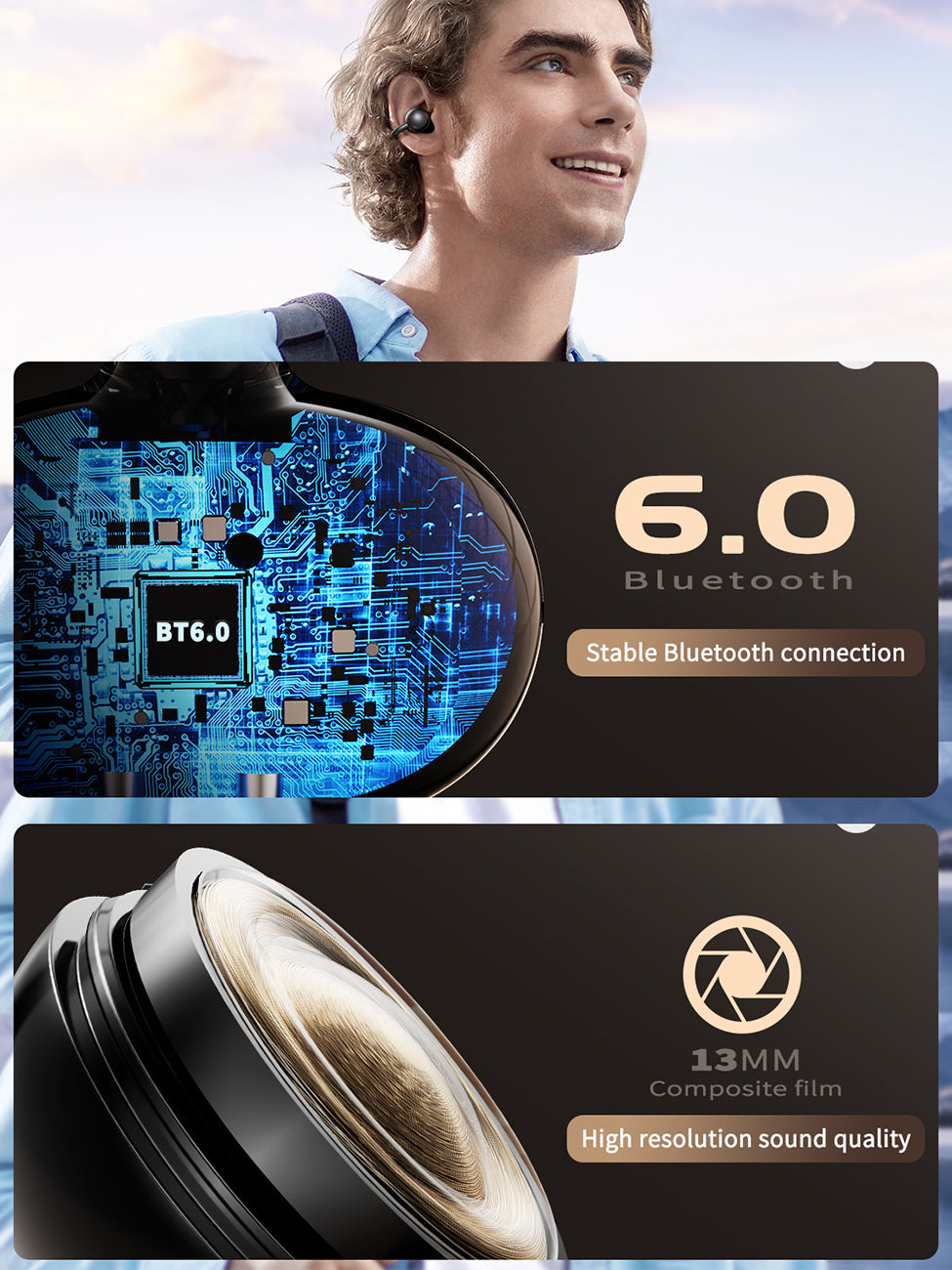 300mAh BT 6.0 Type-C Clear sound  long battery life wireless earbuds True Wireless Stereo in black SKU:BT-VD055BK