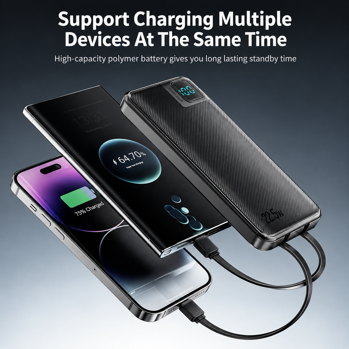 High quality 10000mAh Power Bank with digital display with Type-C/ IP cable for phones | SKU: M2RVD-PB060BK