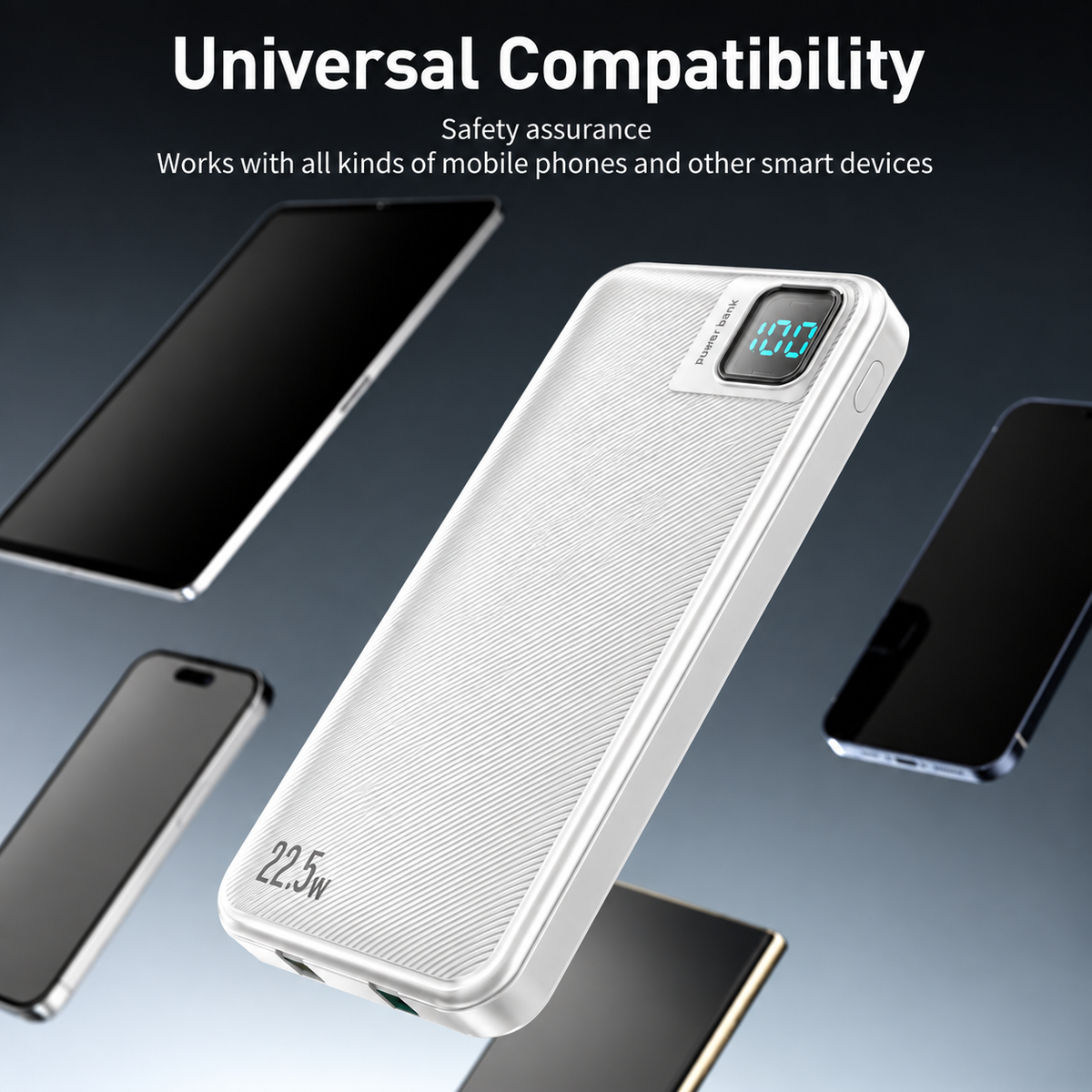 High quality 10000mAh Power Bank with digital display with Type-C/ IP cable for phones | SKU: M2RVD-PB060WH