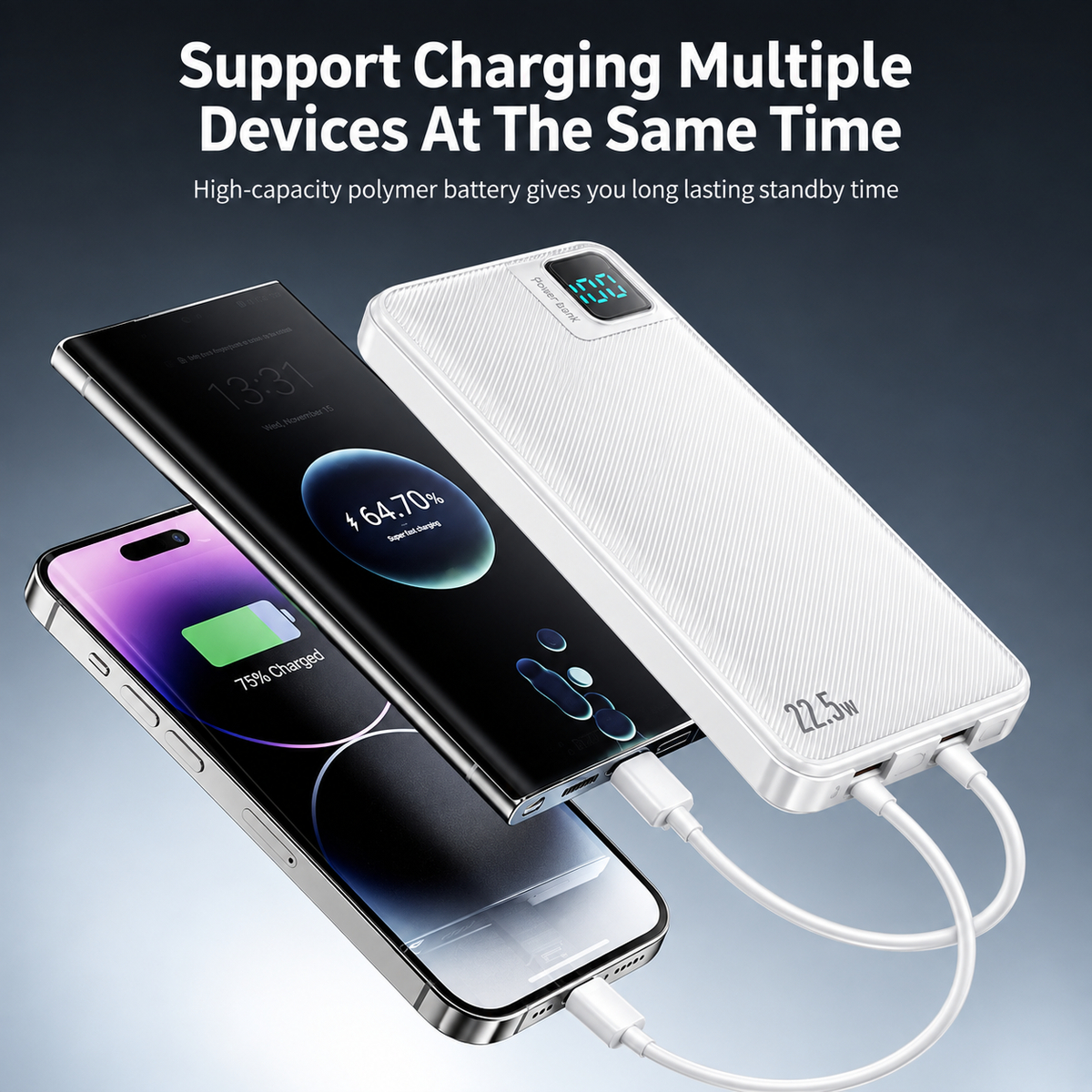High quality 10000mAh Power Bank with digital display with Type-C/ IP cable for phones | SKU: M2RVD-PB060WH