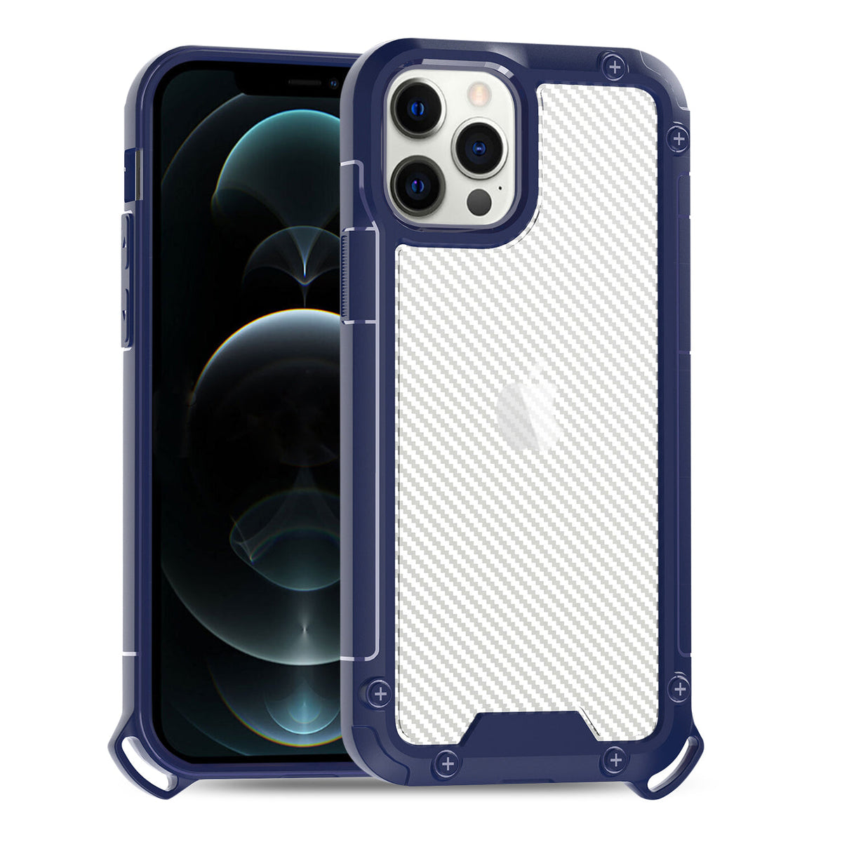 Reiko Shockproof PC Bumper Case With Carbon Fiber Pattern In Navy For iPhone 12 Pro Max