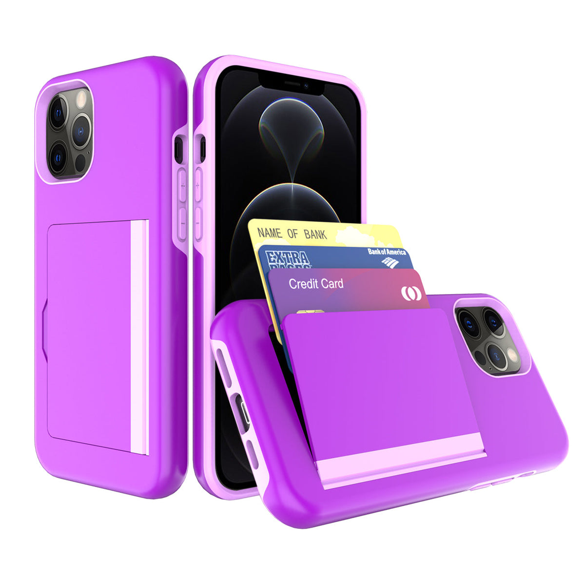 TPU PC Hybrid 2-in-1 Flip Card Holder Phone Case for Apple iPhone 12 Pro Max In Purple