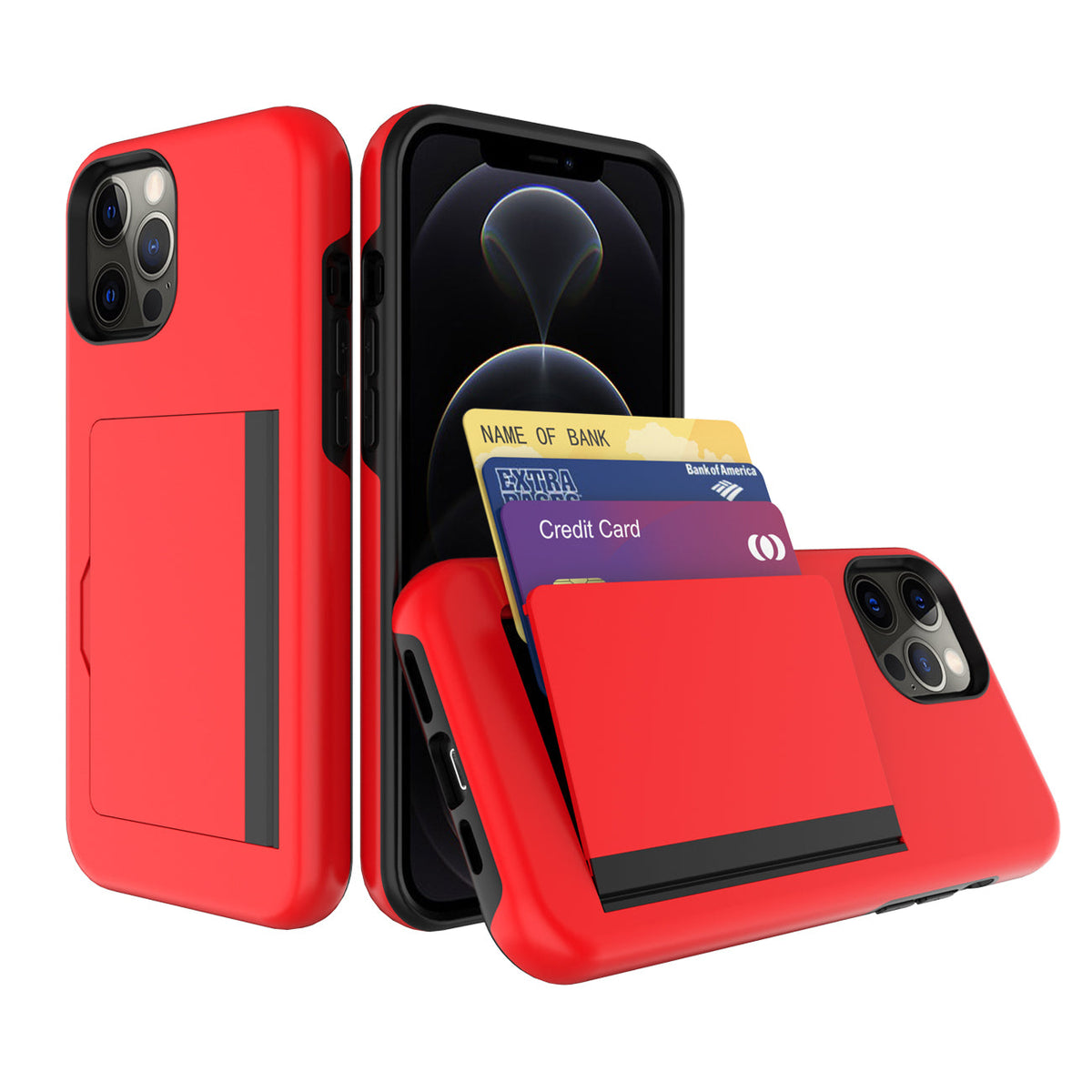 TPU PC Hybrid 2-in-1 Flip Card Holder Phone Case for Apple iPhone 12 Pro Max In Red