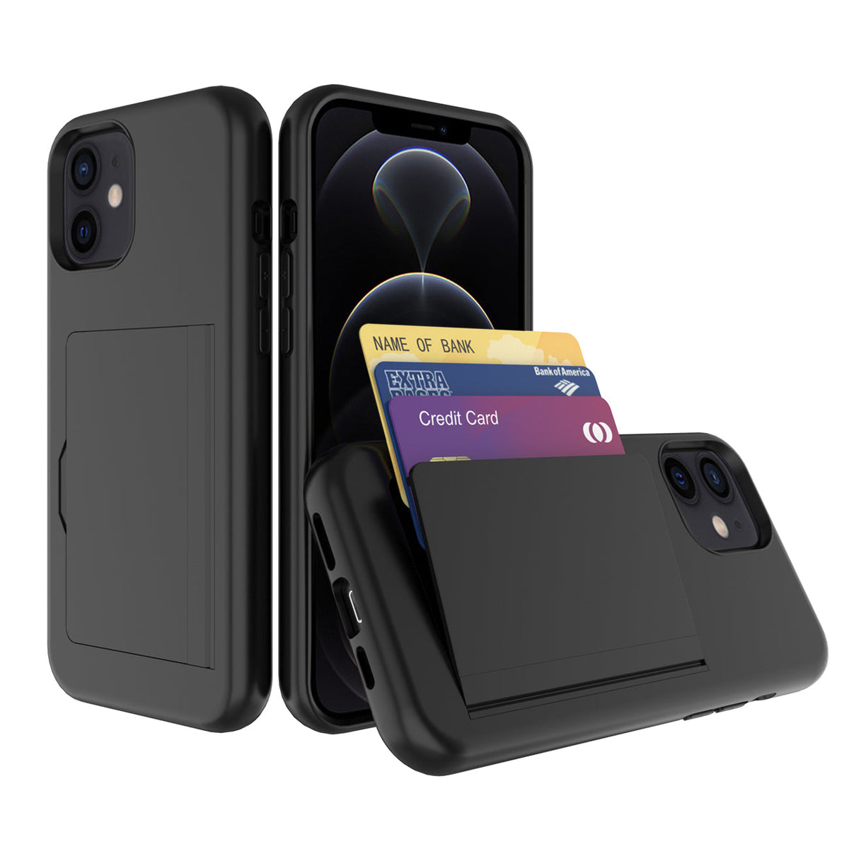 TPU PC Hybrid 2-in-1 Flip Card Holder Phone Case for Apple iPhone 12 Mini In Black