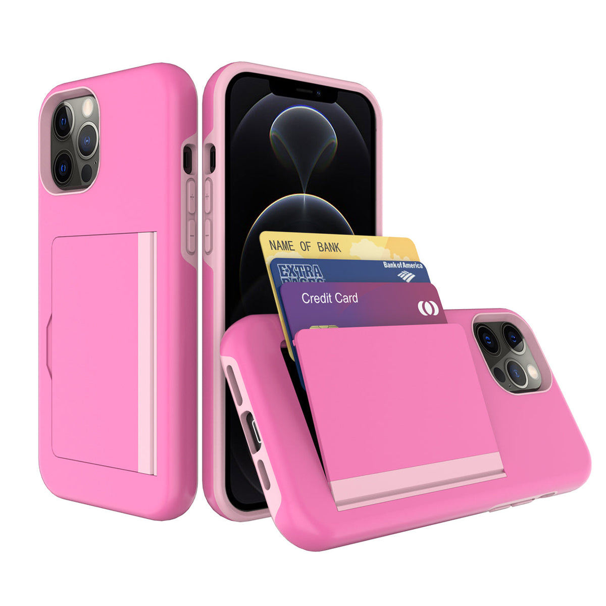 TPU PC Hybrid 2-in-1 Flip Card Holder Phone Case for Apple iPhone 12 / 12 Pro In Pink