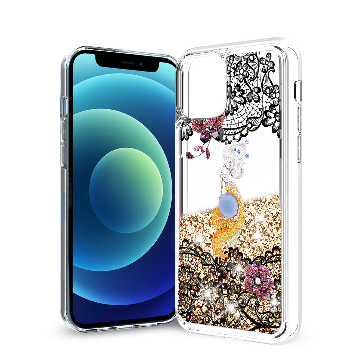 Reiko iPhone 12 Mini Glitter Case Moving Quicksand Gold Floral Mermaid