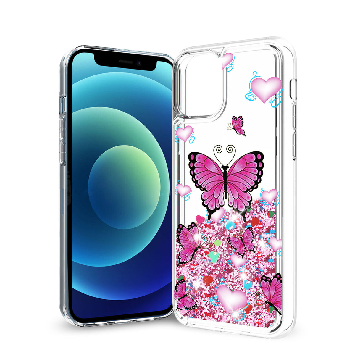 Reiko iPhone 12 Mini Glitter Case Moving Quicksand Pink Butterfly