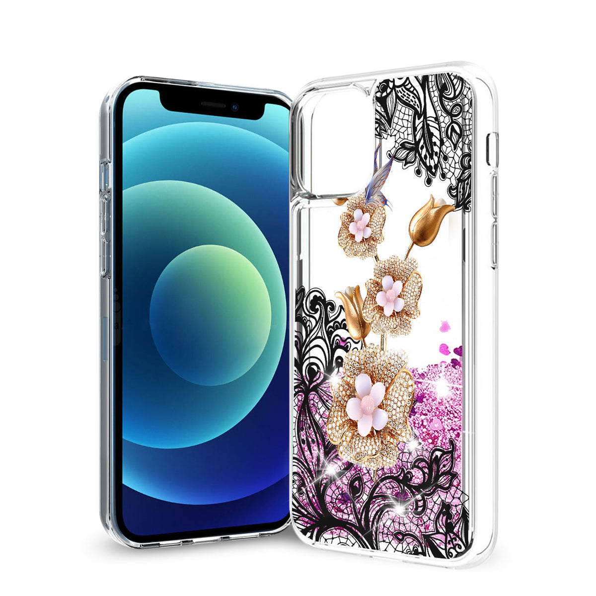 Reiko iPhone 12 Mini Glitter Case Moving Quicksand Pink Floral Gold Petals