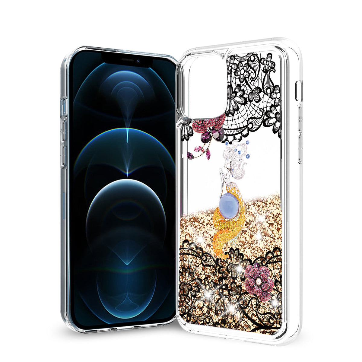 Reiko iPhone 12 / 12 Pro Glitter Case Moving Quicksand Gold Floral Mermaid