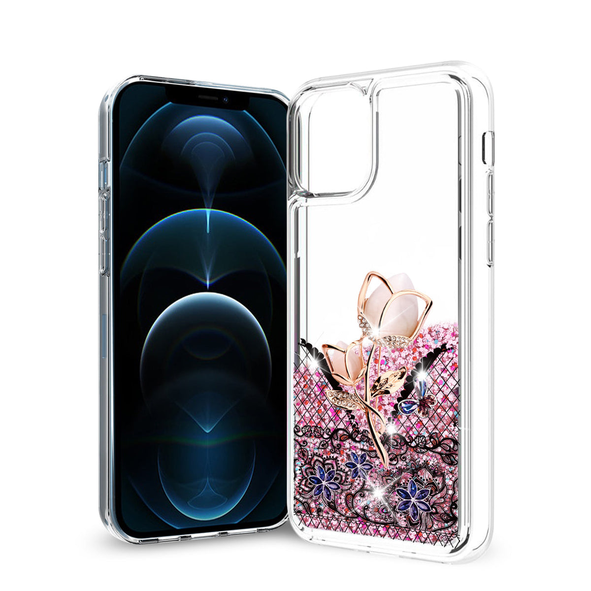 Reiko iPhone 12 Pro Max Glitter Case Moving Quicksand Rainbow Floral