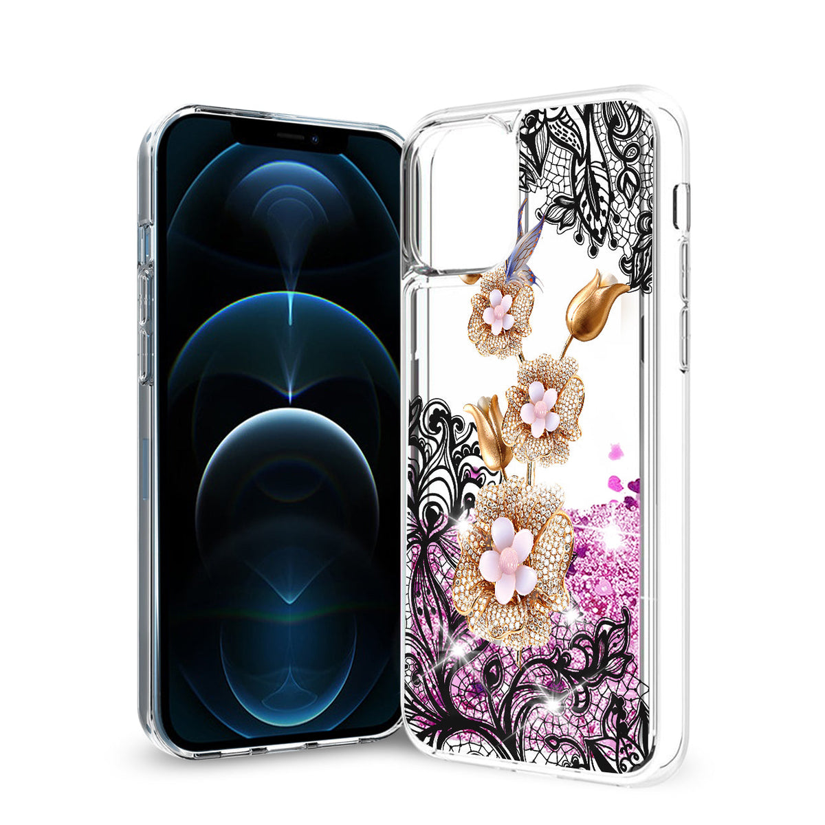 Reiko iPhone 12 Pro Max Glitter Case Moving Quicksand Pink Floral Gold Petals