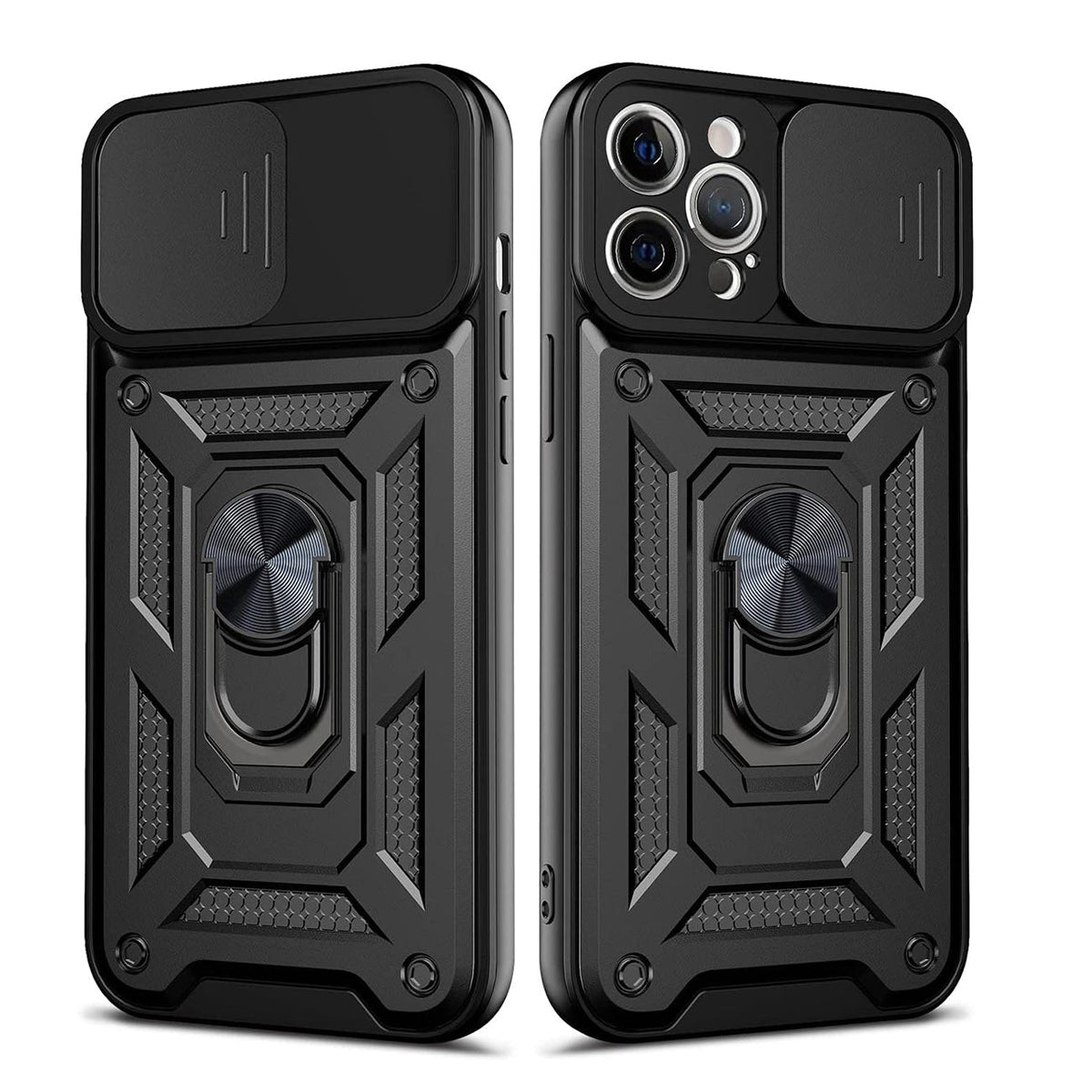 Kickstand Ring Holder with Slide Camera Cover TPU Shockproof Case and Magnetic Car Mount for APPLE IPHONE 12 PRO MAX In Black