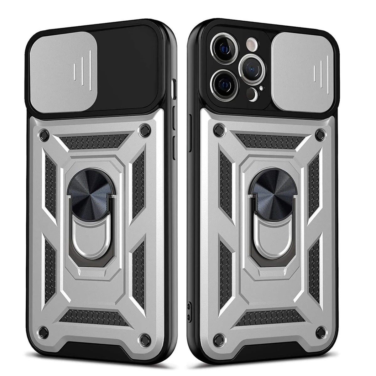 Kickstand Ring Holder with Slide Camera Cover TPU Shockproof Case and Magnetic Car Mount for APPLE IPHONE 12/IPHONE 12 PRO In Silver