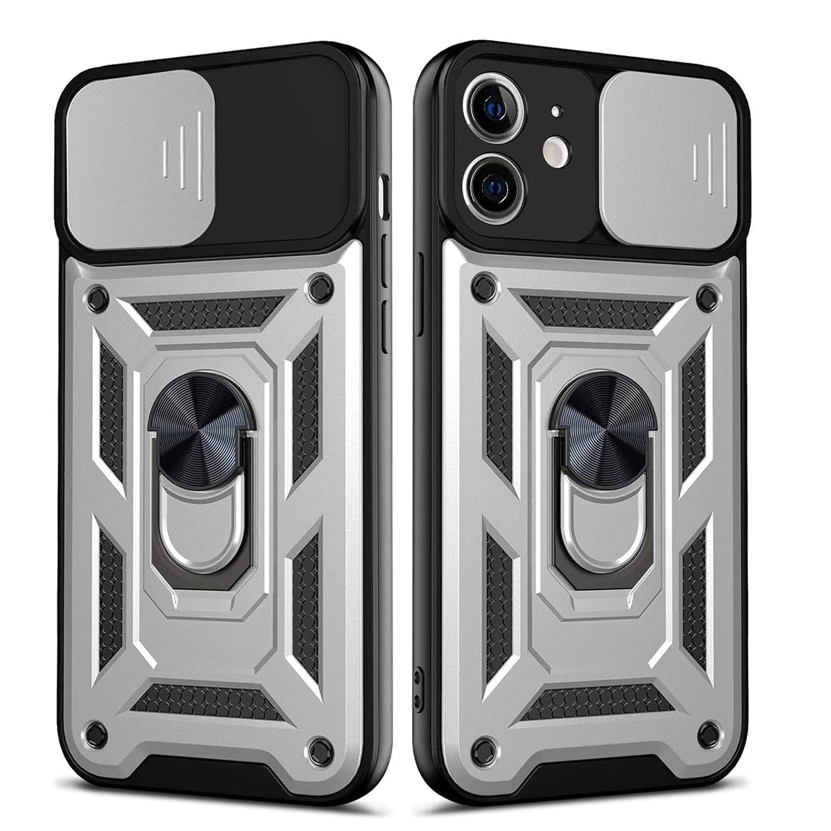 Kickstand Ring Holder with Slide Camera Cover TPU Shockproof Case and Magnetic Car Mount for APPLE IPHONE 12/IPHONE 12 PRO In Silver
