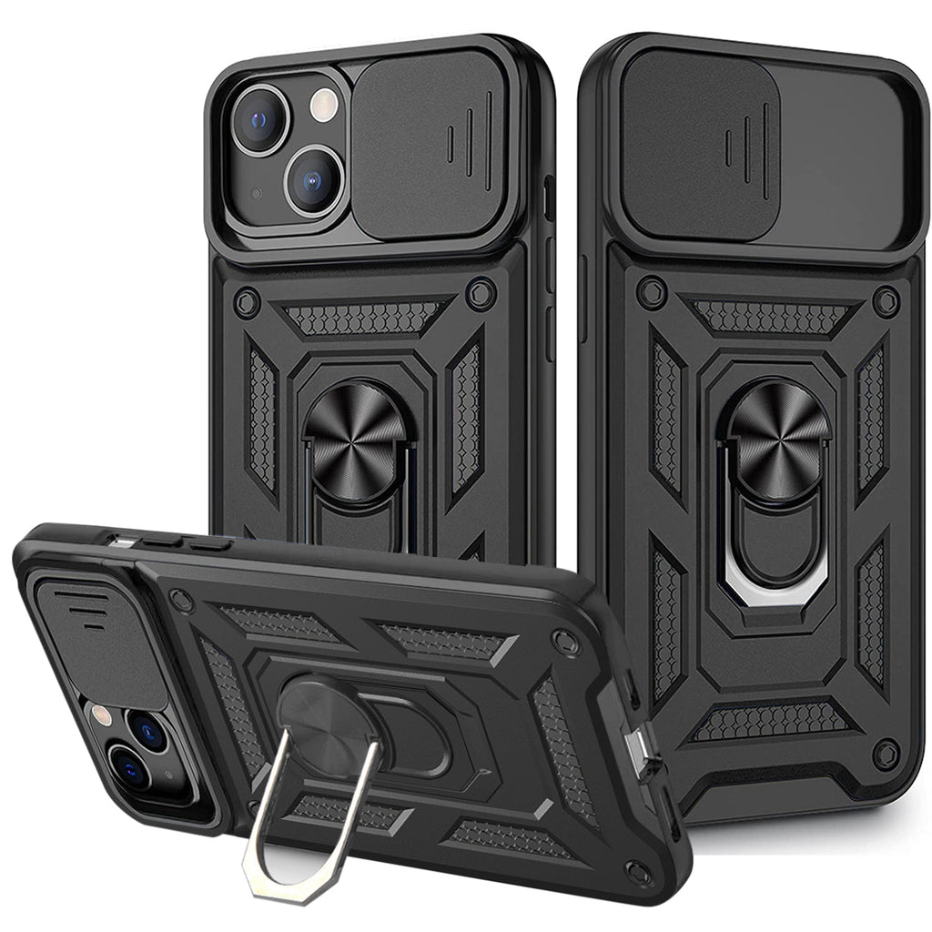 Kickstand Ring Holder with Slide Camera Cover TPU Magnetic Car Mount for APPLE IPHONE 13 In Black