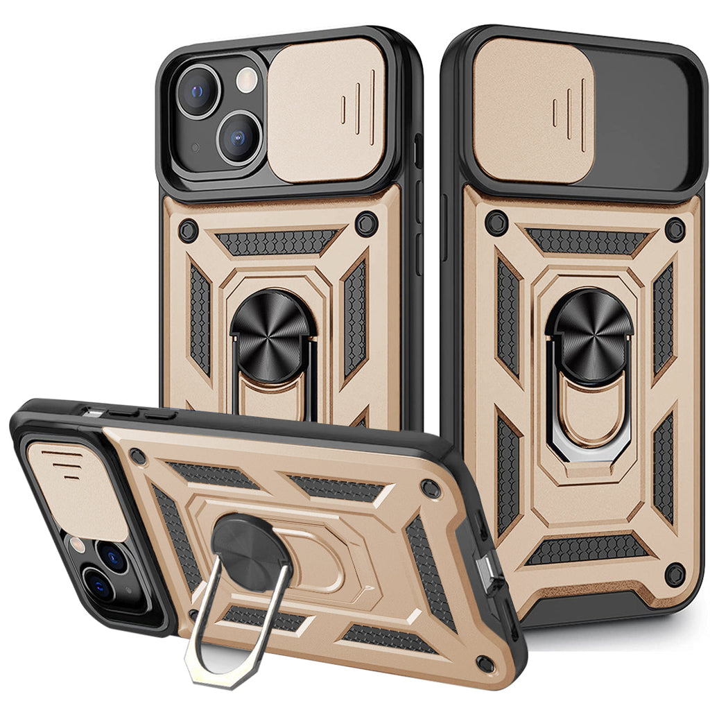 Kickstand Ring Holder with Slide Camera Cover TPU Magnetic Car Mount for APPLE IPHONE 13 In Gold