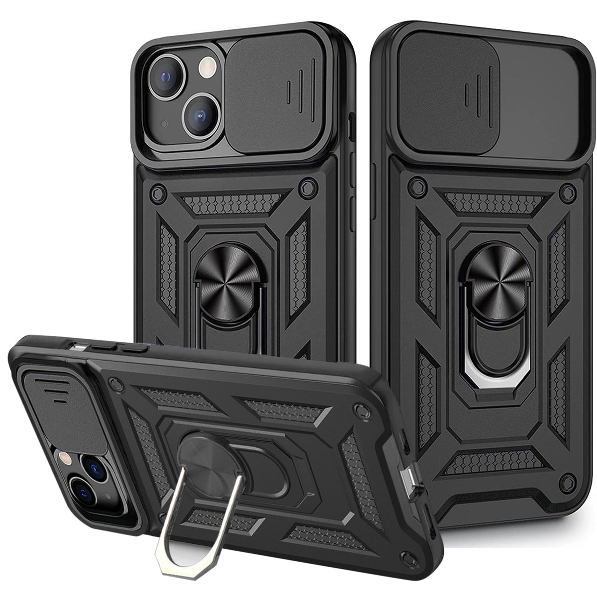Kickstand Ring Holder & Slide Camera Cover Magnetic Car Mount for APPLE IPHONE 13 MINI In Black