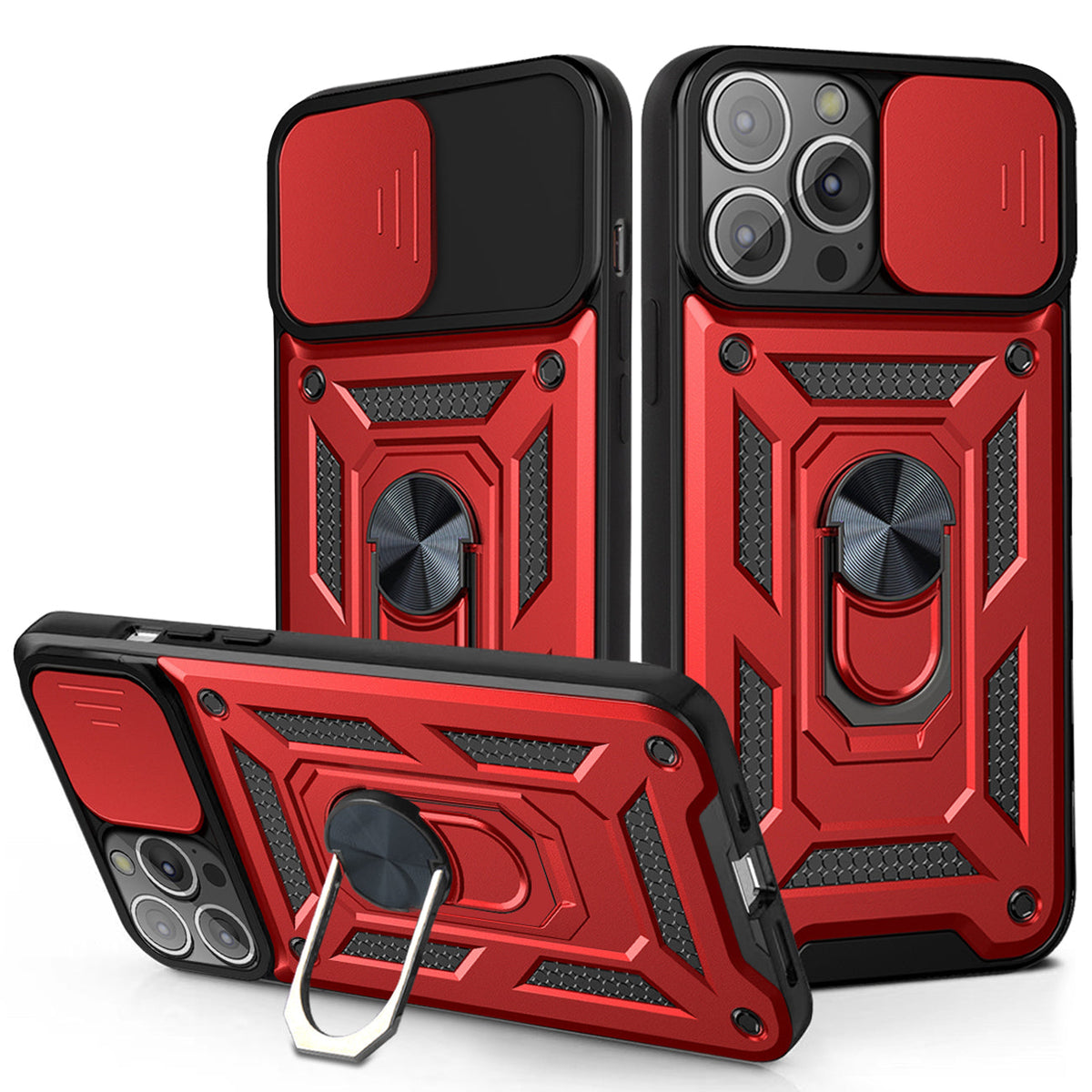 Kickstand Ring Holder with Slide Camera Cover TPU Magnetic Car Mount for APPLE IPHONE 13  PRO In Red