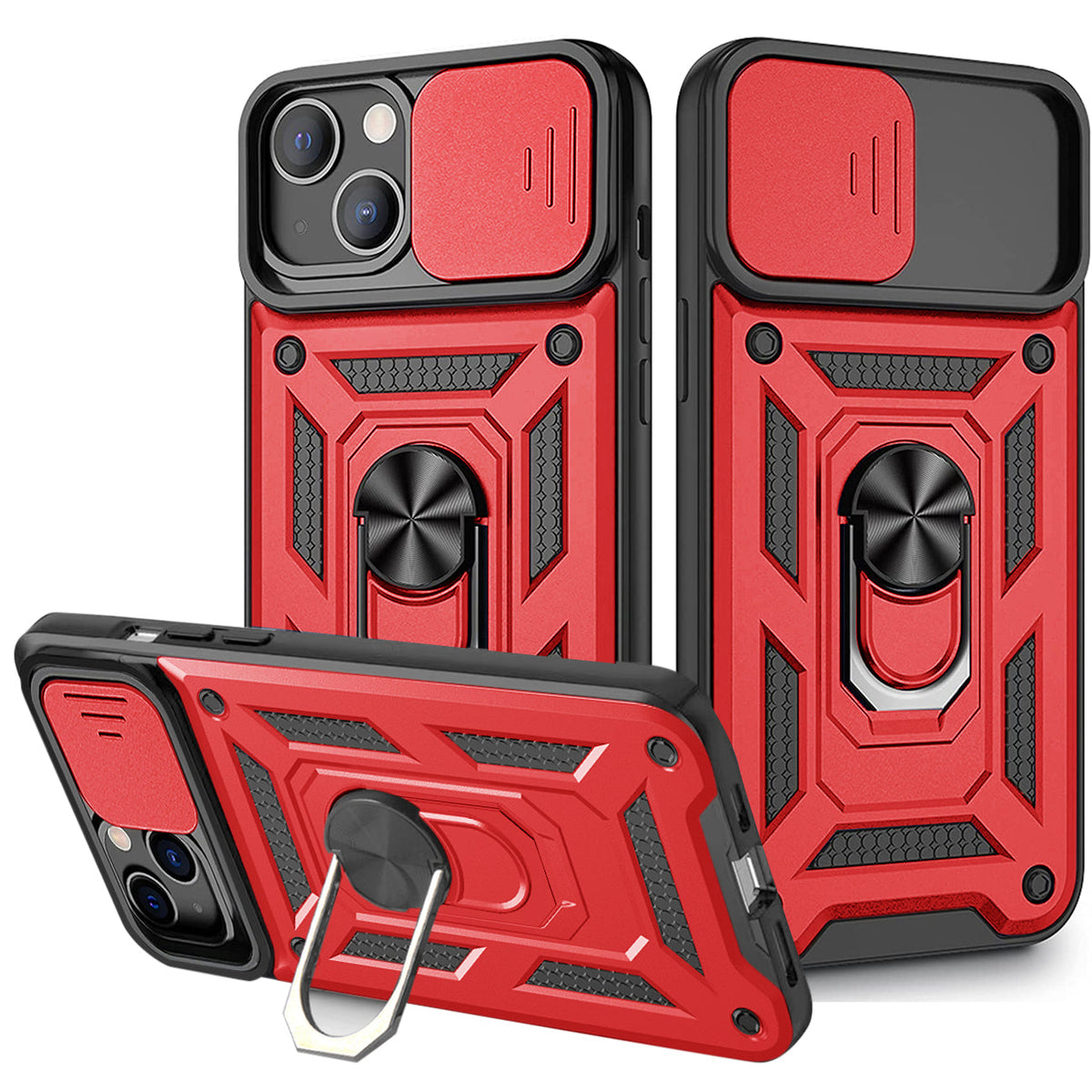 Kickstand Ring Holder with Slide Camera Cover TPU Magnetic Car Mount for APPLE IPHONE 13 In Red