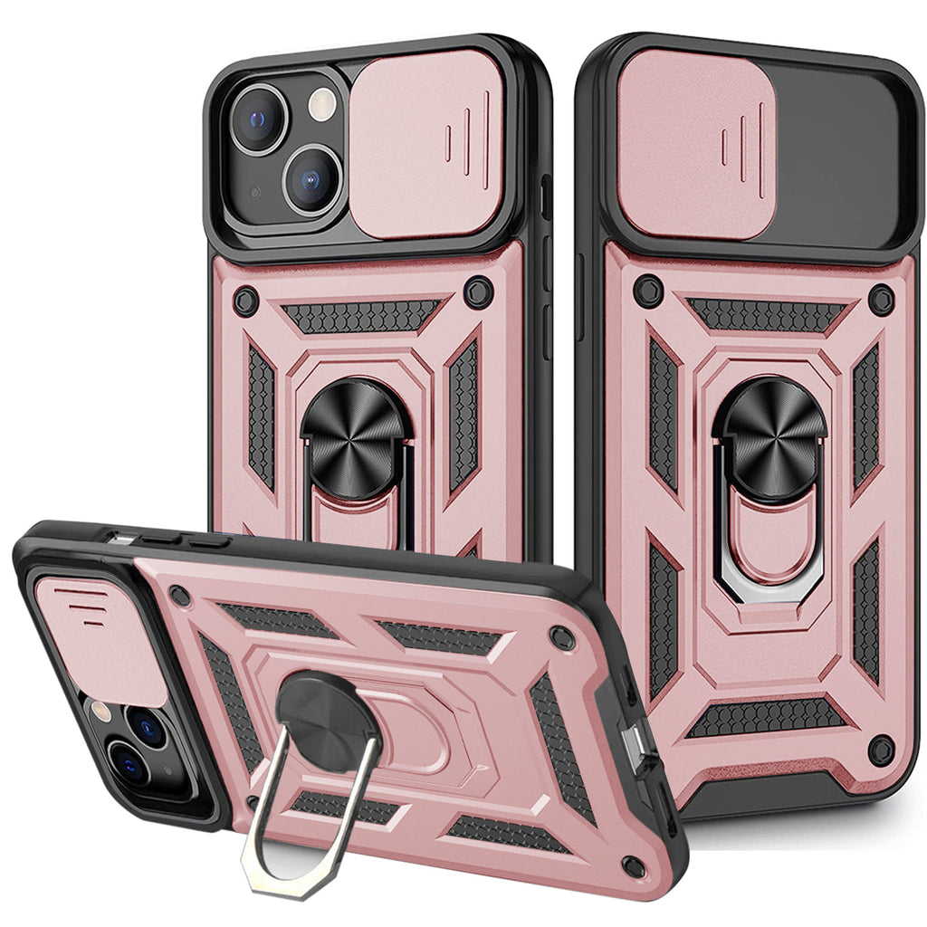 Kickstand Ring Holder & Slide Camera Cover Magnetic Car Mount for APPLE IPHONE 13 In Rose gold