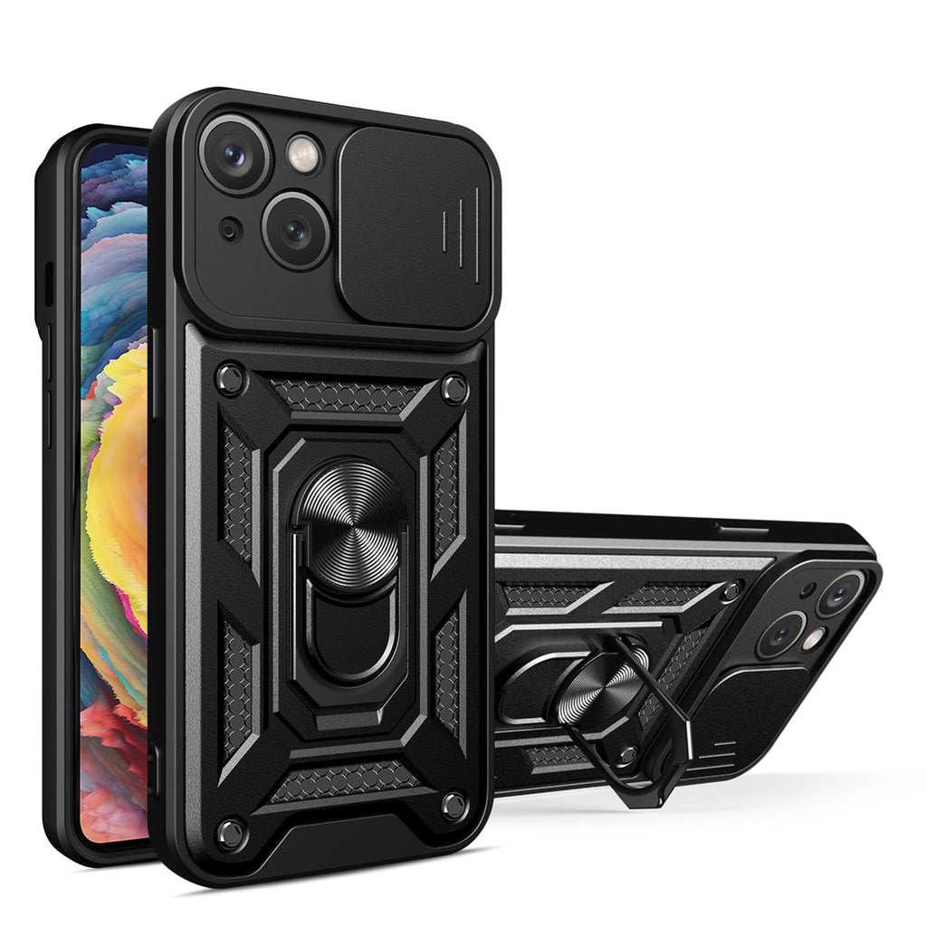 Kickstand Ring Holder with Slide Camera Cover TPU Magnetic Car Mount for APPLE IPHONE 15 PLUS In Black