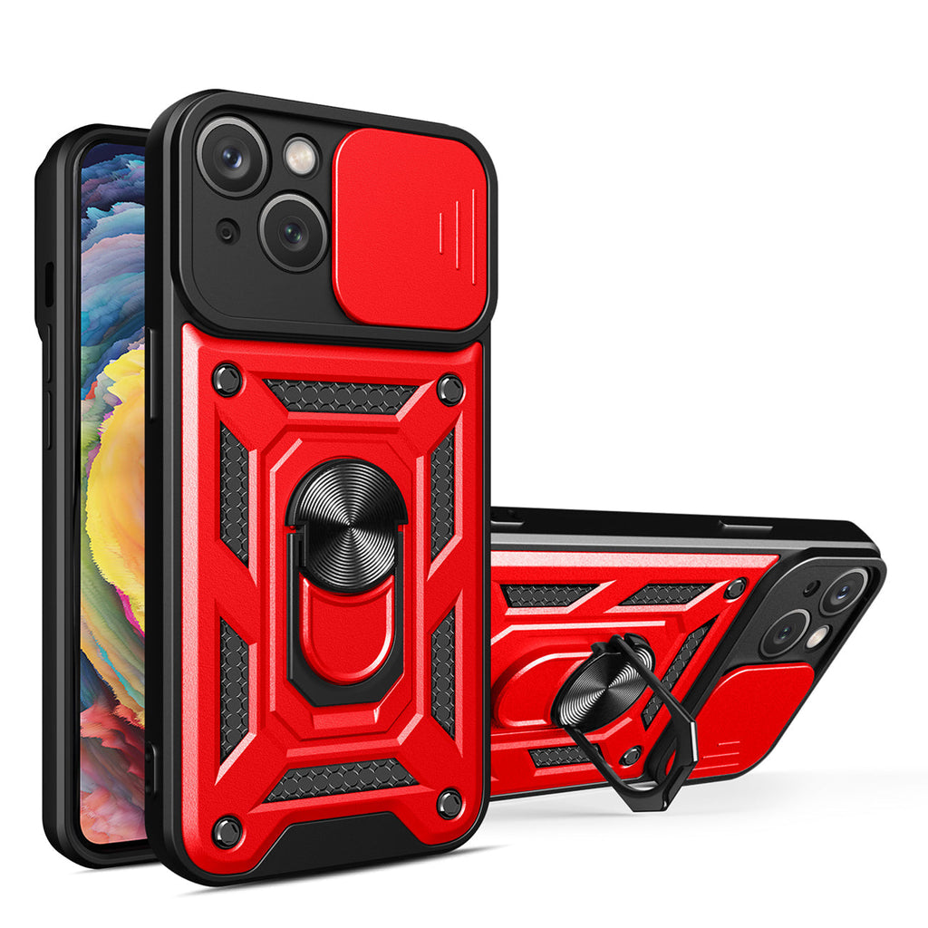 Kickstand Ring Holder with Slide Camera Cover TPU Magnetic Car Mount for APPLE IPHONE 15 PLUS In Red